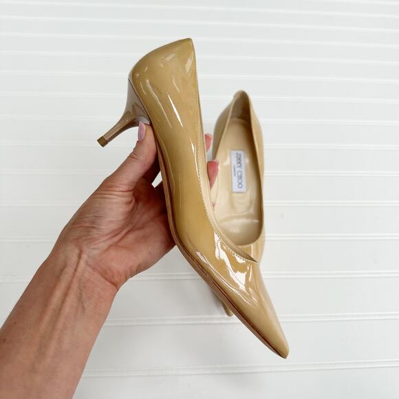 Jimmy Choo Anouk Kitten Heel Pumps Patent Leather Nude Tan Pointed Toe - Picture 4 of 12